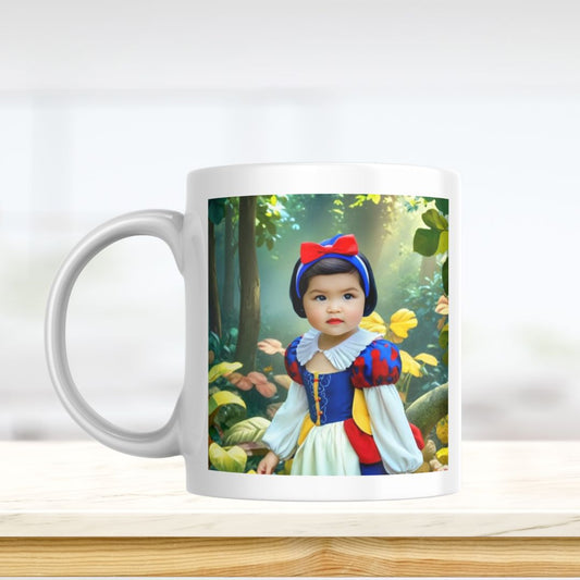 Example of how to upload a toddler girl's photo to create a personalized Snow White princess portrait on a mug featuring her dressed as Snow White in a magical forest setting