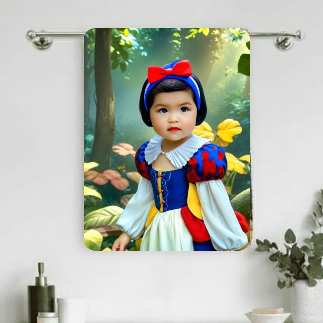 Example of how to upload a toddler girl's photo to create a personalized Snow White princess portrait on a towel featuring her dressed as Snow White in a magical forest setting