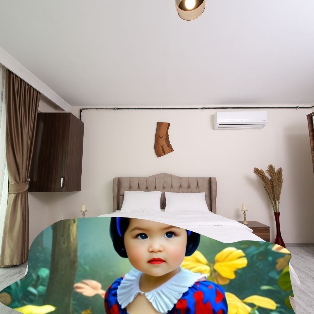 Example of how to upload a toddler girl's photo to create a personalized Snow White princess portrait on a blanket featuring her dressed as Snow White in a magical forest setting.