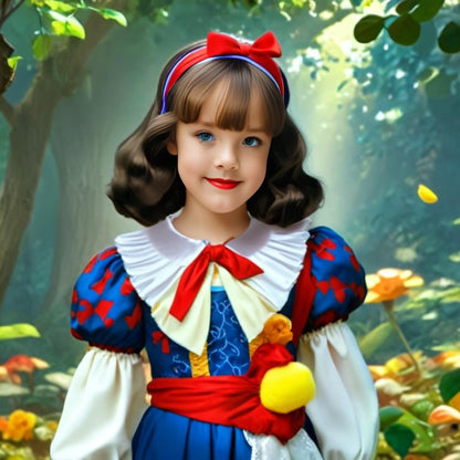 Personalized portrait of a girl dressed as Snow White with a whimsical forest background