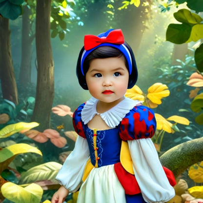 Personalized portrait of a toddler girl dressed as Snow White with a whimsical forest background