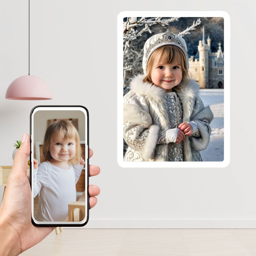 Example of how to upload a toddler girl's photo to create a personalized snow princess portrait on a canvas featuring her dressed as a snow princess in a snowy, magical winter setting