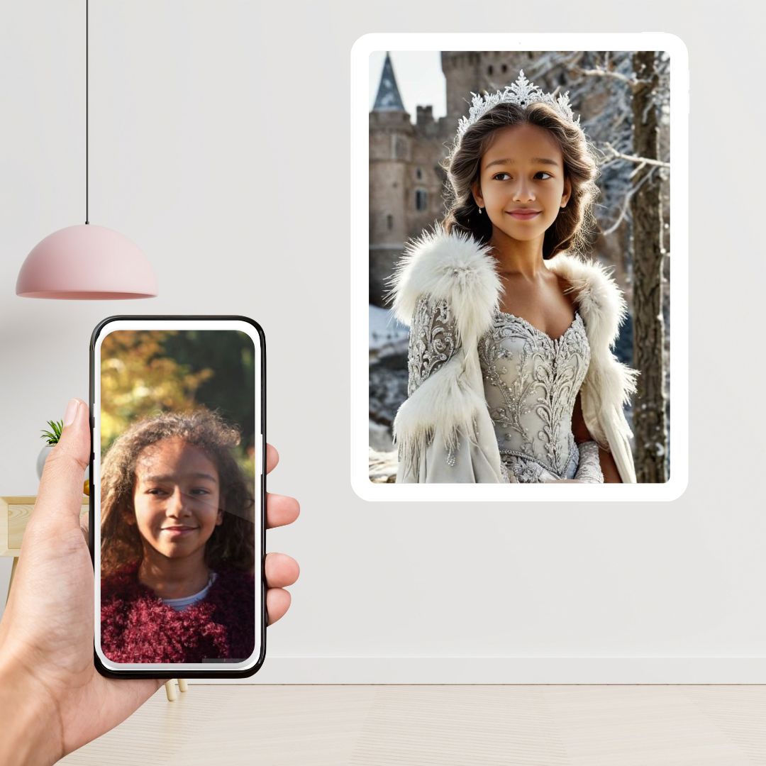 Example of how to upload a girl's photo to create a personalized snow princess portrait on a canvas featuring her dressed as a snow princess in a snowy, magical winter setting