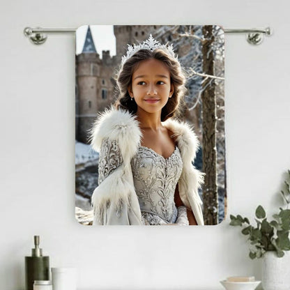 Example of how to upload a girl's photo to create a personalized snow princess portrait on a towel featuring her dressed as a snow princess in a magical winter wonderland