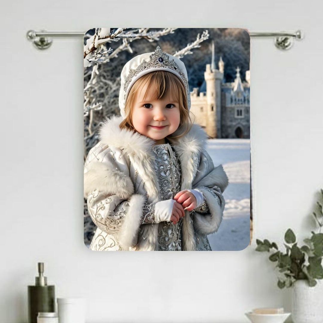 Example of how to upload a toddler girl's photo to create a personalized snow princess portrait on a towel featuring her dressed as a snow princess in a magical winter wonderland