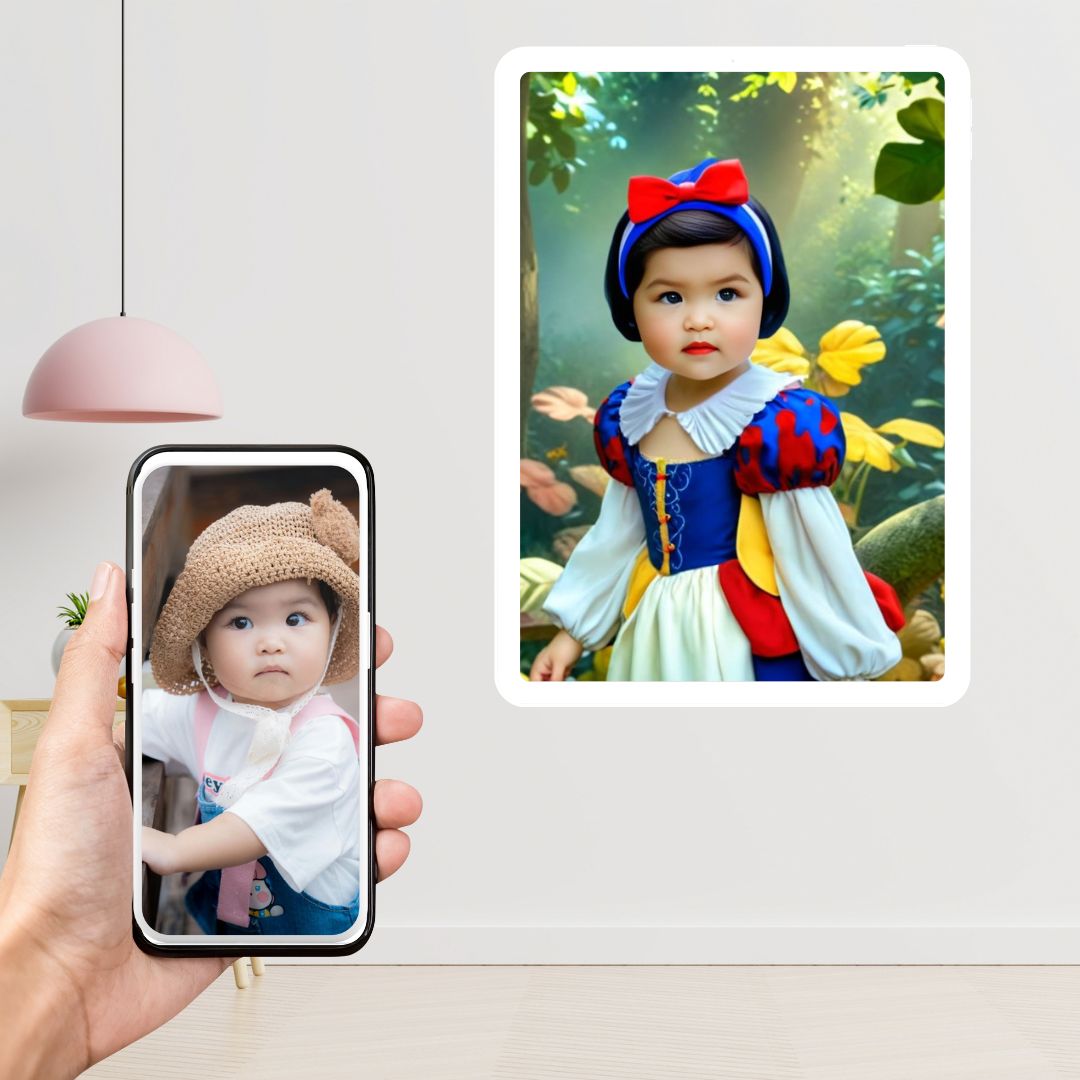 Example of how to upload a toddler girl's photo to create a personalized Snow White princess portrait on a canvas featuring her dressed as Snow White in a magical forest setting