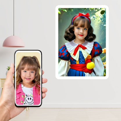 Example of how to upload a girl's photo to create a personalized Snow White princess portrait on a canvas featuring her dressed as Snow White in a magical forest setting