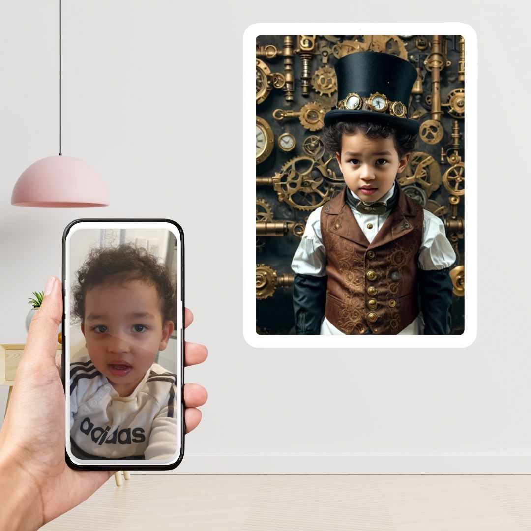 Example of how to upload a toddler boy's photo to create a personalized steampunk portrait on a canvas, featuring him dressed in steampunk attire, complete with goggles and mechanical accessories