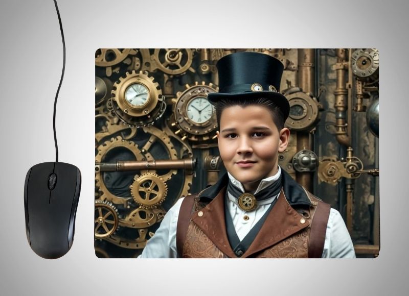 Example of how to upload a boy's photo to create a personalized Steampunk portrait on a mouse mat featuring him in a unique steampunk outfit with goggles, gears, and mechanical details, set against a backdrop of a Victorian-style city with steam-powered machines