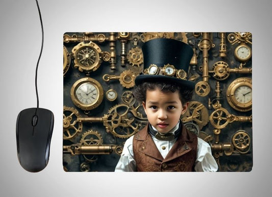 Example of how to upload a toddler boy's photo to create a personalized Steampunk portrait on a mouse mat featuring him in a unique steampunk outfit with goggles, gears, and mechanical details, set against a backdrop of a Victorian-style city with steam-powered machines