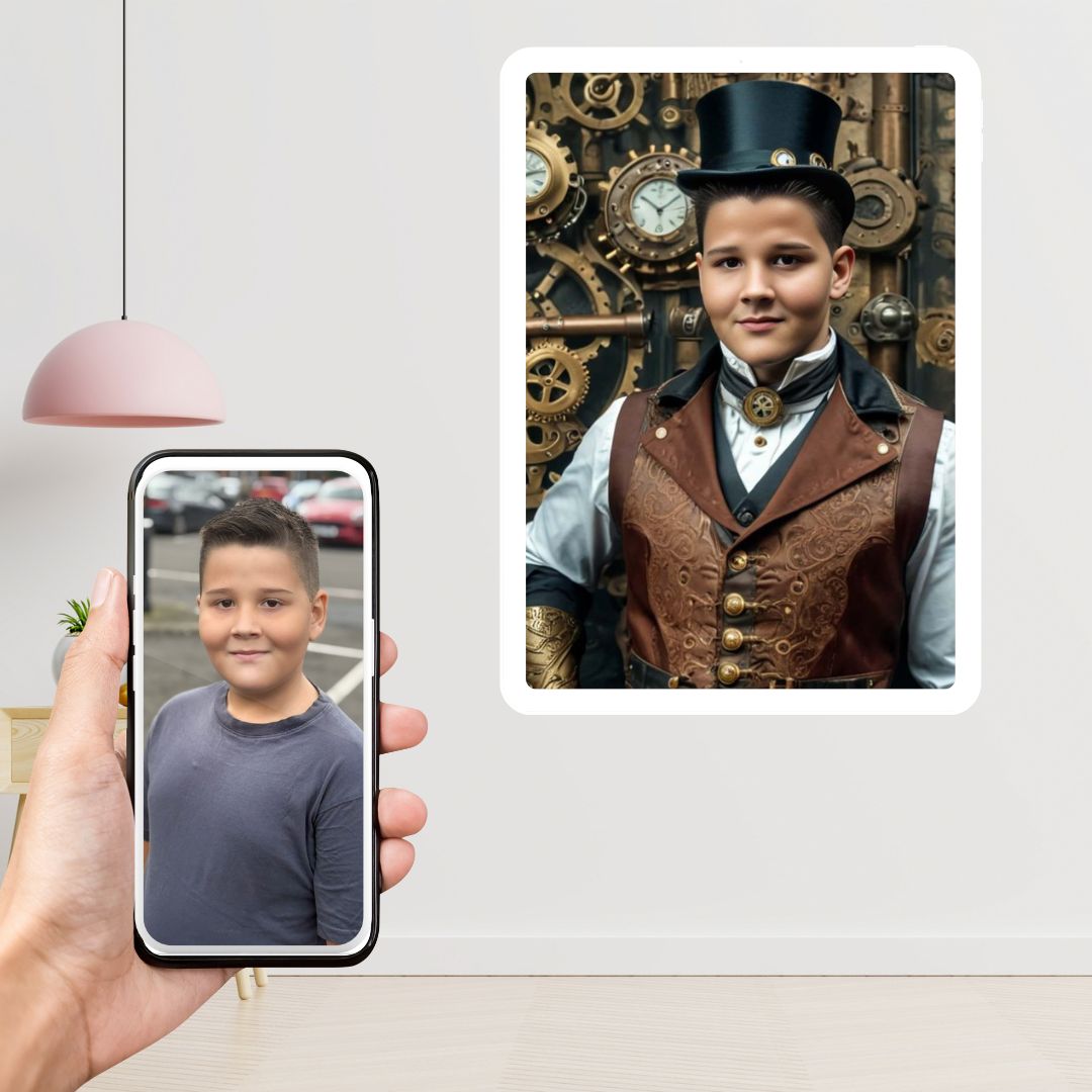 Example of how to upload a boy's photo to create a personalized steampunk portrait on a canvas, featuring him dressed in steampunk attire, complete with goggles and mechanical accessories