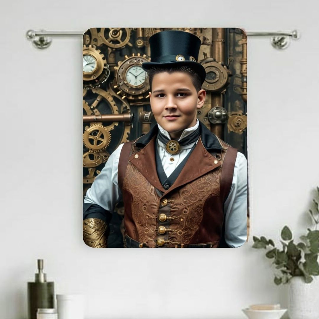 Example of how to upload a boy's photo to create a personalized steampunk portrait on a towel, featuring him dressed in steampunk gear, ready for an exciting adventure