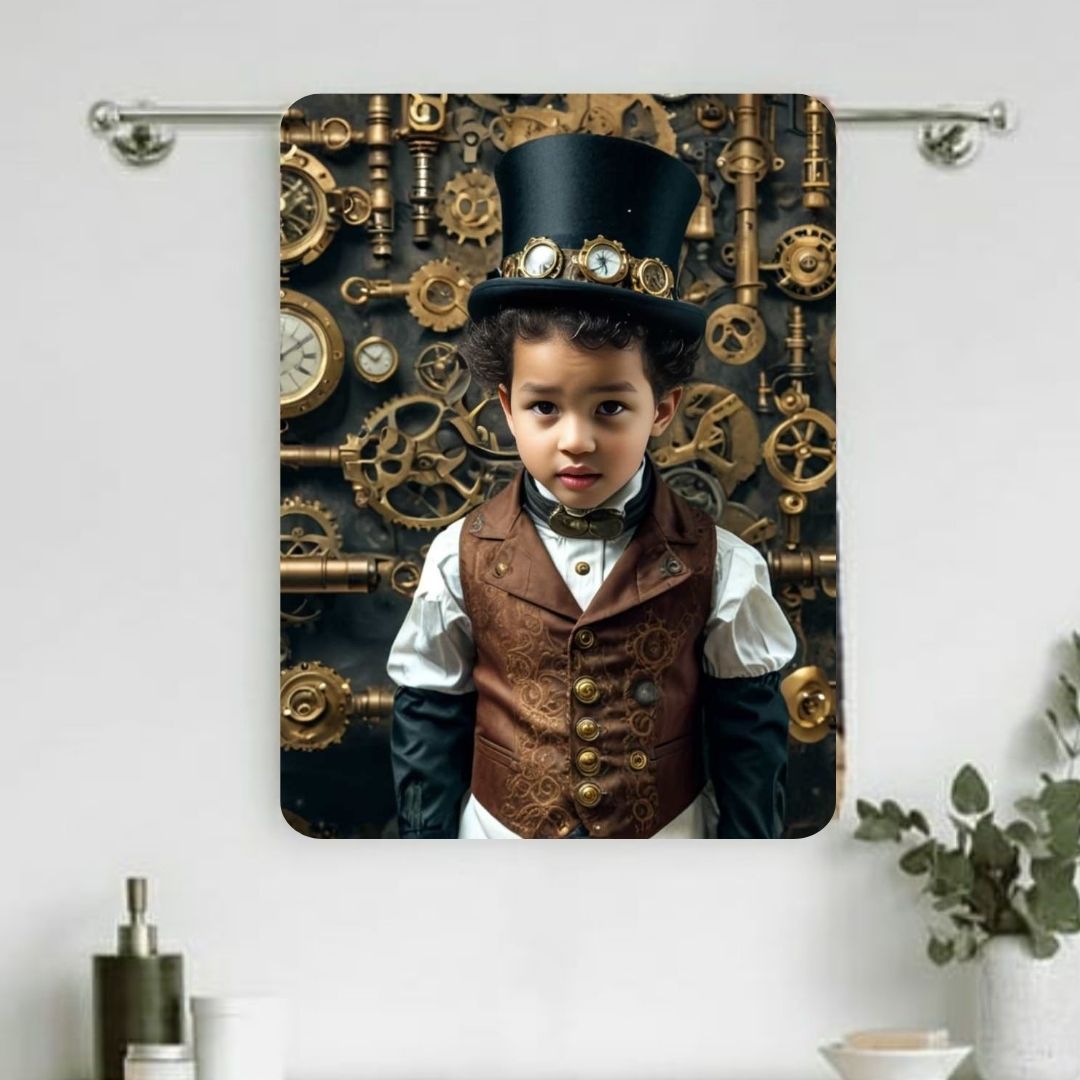 Example of how to upload a toddler boy's photo to create a personalized steampunk portrait on a towel, featuring him dressed in steampunk gear, ready for an exciting adventure