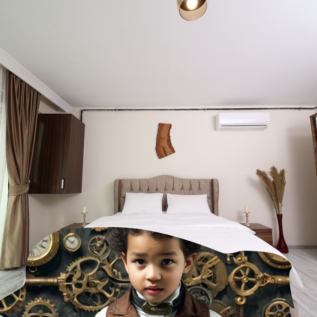 Example of how to upload a toddler boy's photo to create a personalized steampunk portrait on a blanket, featuring him dressed in steampunk gear, ready for an adventure in a world of gears and gadgets