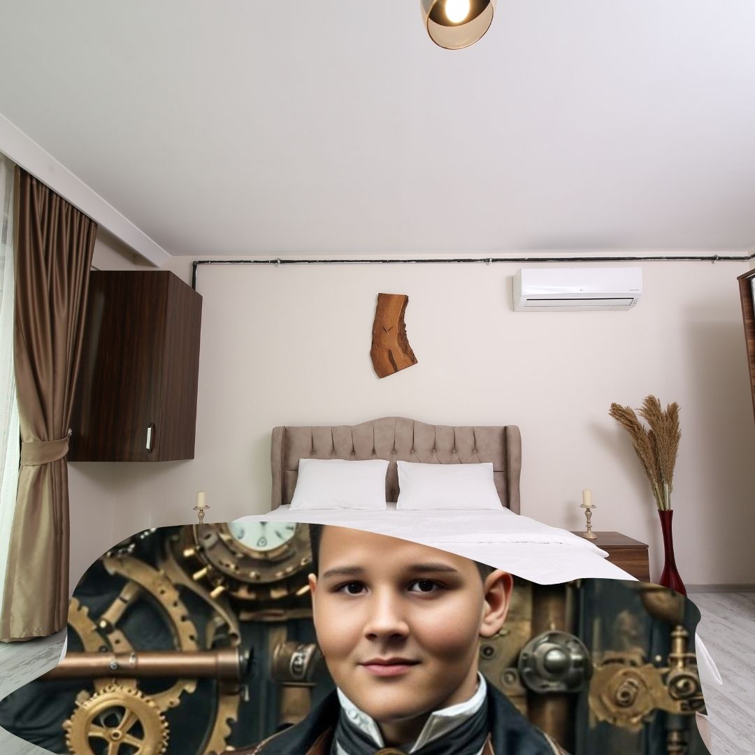 Example of how to upload a boy's photo to create a personalized steampunk portrait on a blanket, featuring him dressed in steampunk gear, ready for an adventure in a world of gears and gadgets