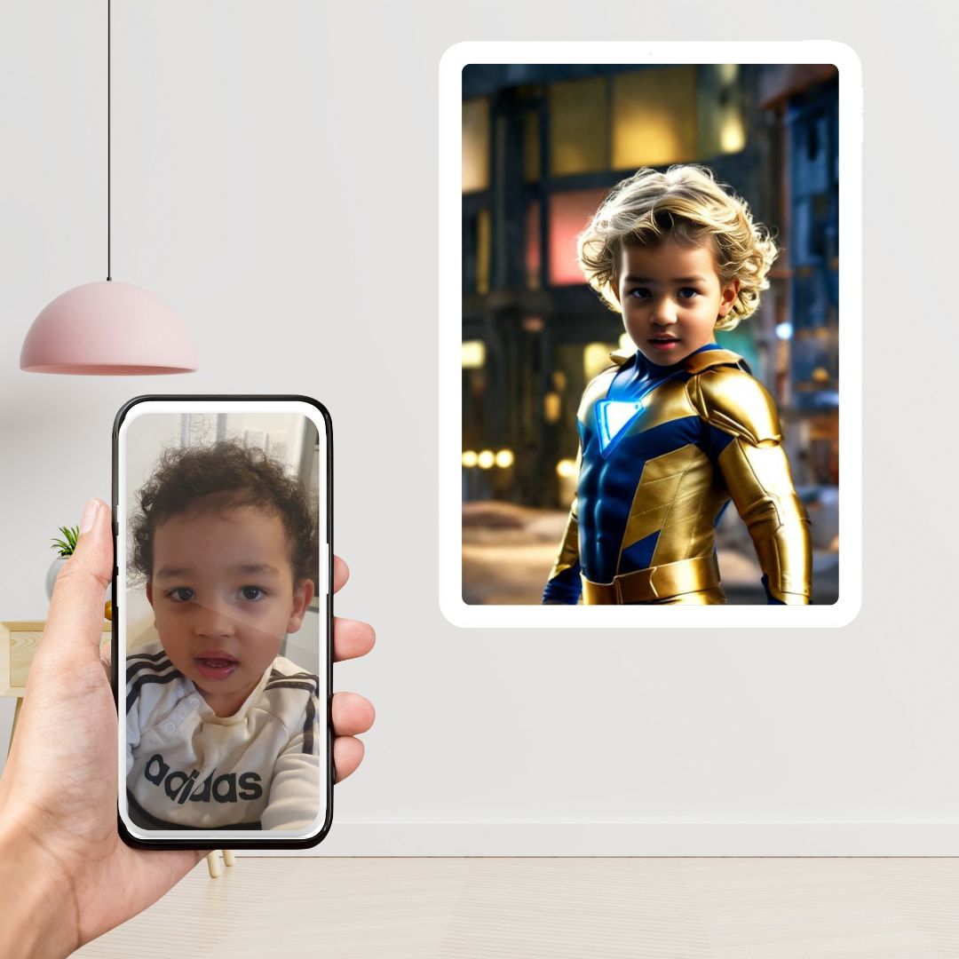 Example of how to upload a toddler boy's photo to create a personalized superhero portrait on a canvas, featuring him dressed as a brave superhero, ready to fight for justice