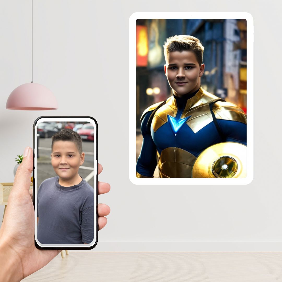 Example of how to upload a boy's photo to create a personalized superhero portrait on a canvas, featuring him dressed as a brave superhero, ready to fight for justice