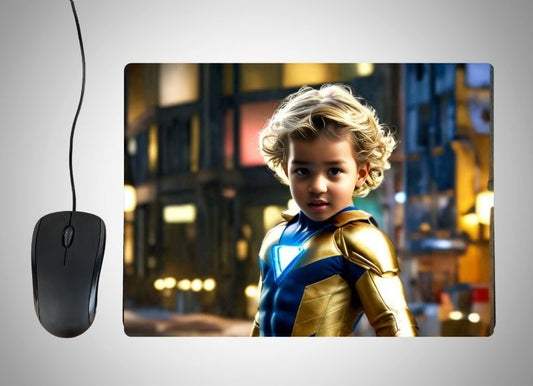 Example of how to upload a toddler boy's photo to create a personalized Superhero portrait on a mouse mat featuring him in a colorful superhero costume with a cape, striking a powerful pose in front of a city skyline with dramatic skies and action-packed energy