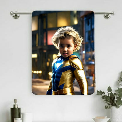 Example of how to upload a toddler boy's photo to create a personalized superhero portrait on a towel, featuring him dressed as a superhero, ready to save the day with his cape and mask