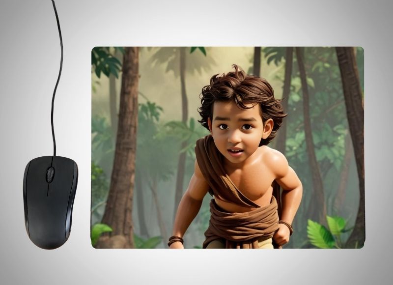 Example of how to upload a toddler boy's photo to create a personalized Tarzan portrait on a mouse mat featuring him in a jungle outfit, swinging through the lush rainforest with waterfalls and exotic animals in the background