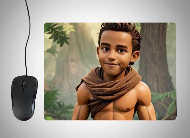 Example of how to upload a boy's photo to create a personalized Tarzan portrait on a mouse mat featuring him in a jungle outfit, swinging through the lush rainforest with waterfalls and exotic animals in the background