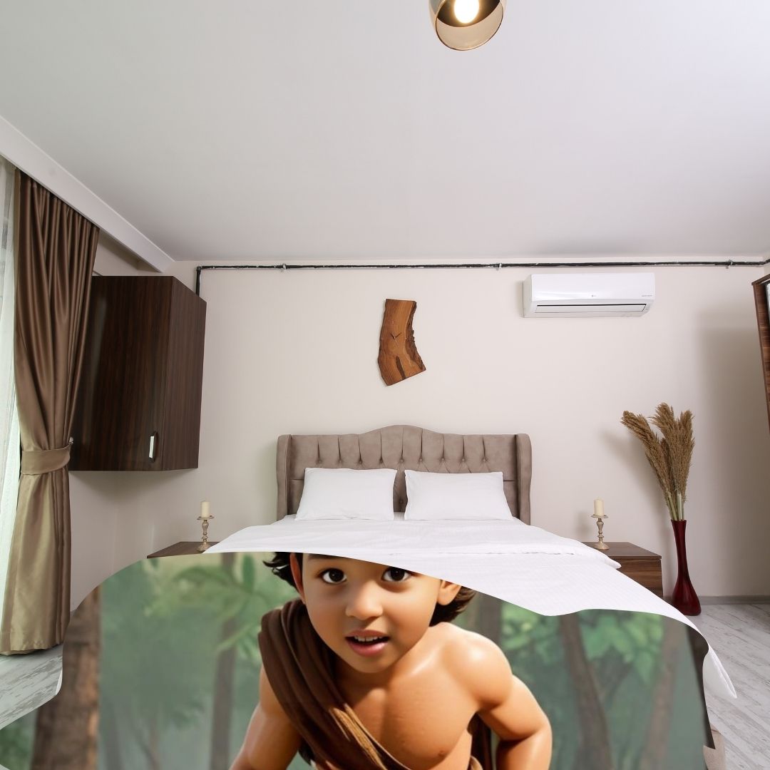 Example of how to upload a toddler boy's photo to create a personalized Tarzan portrait on a blanket, featuring him dressed as Tarzan, swinging from vines in a jungle