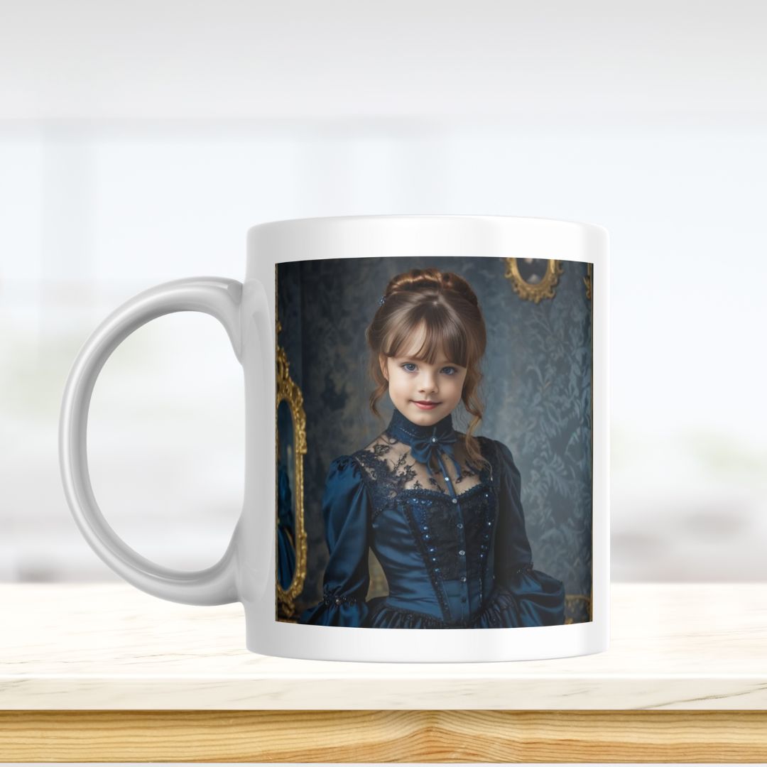 Example of how to upload a girl's photo to create a personalized Victorian princess portrait on a mug featuring her dressed in a royal gown with a vintage backdrop.