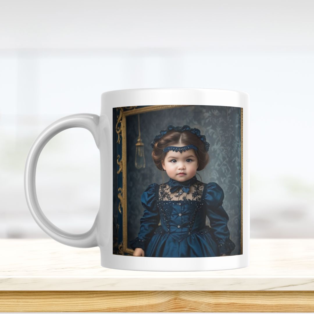 Example of how to upload a toddler girl's photo to create a personalized Victorian princess portrait on a mug featuring her dressed in a royal gown with a vintage backdrop.