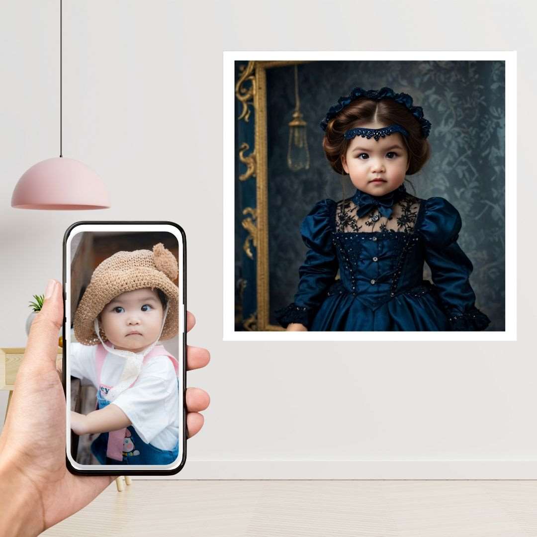 Example of how to upload a toddler girl's photo to create a personalized Victorian princess portrait on a canvas featuring her dressed in a royal gown with a vintage backdrop