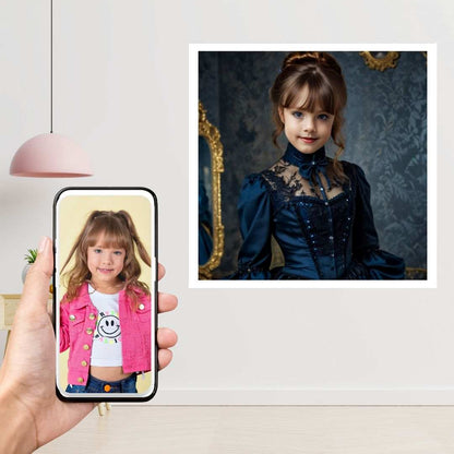 Example of how to upload a girl's photo to create a personalized Victorian princess portrait on a canvas featuring her dressed in a royal gown with a vintage backdrop