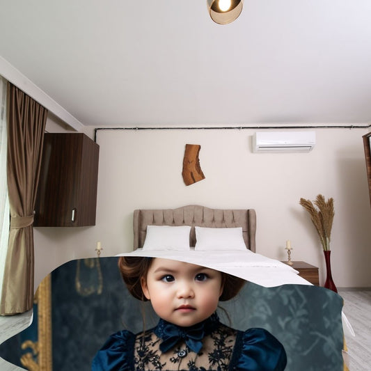 Example of how to upload a toddler girl's photo to create a personalized Victorian princess portrait on a blanket featuring her dressed in a royal gown with a vintage backdrop