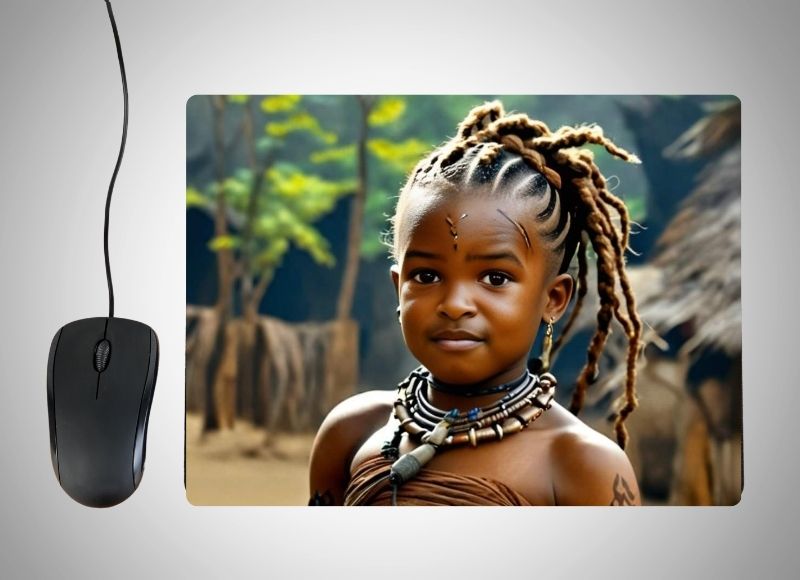 Example of how to upload a toddler girl's photo to create a personalized Wakanda Princess portrait on a mouse mat featuring her in a vibrant, royal outfit inspired by Wakanda, with a futuristic city and glowing details in the background