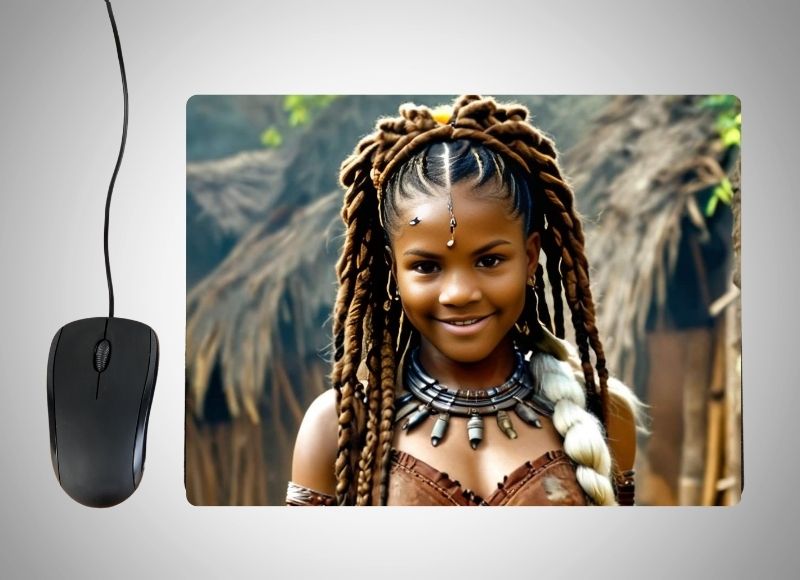 Example of how to upload a girl's photo to create a personalized Wakanda Princess portrait on a mouse mat featuring her in a vibrant, royal outfit inspired by Wakanda, with a futuristic city and glowing details in the background