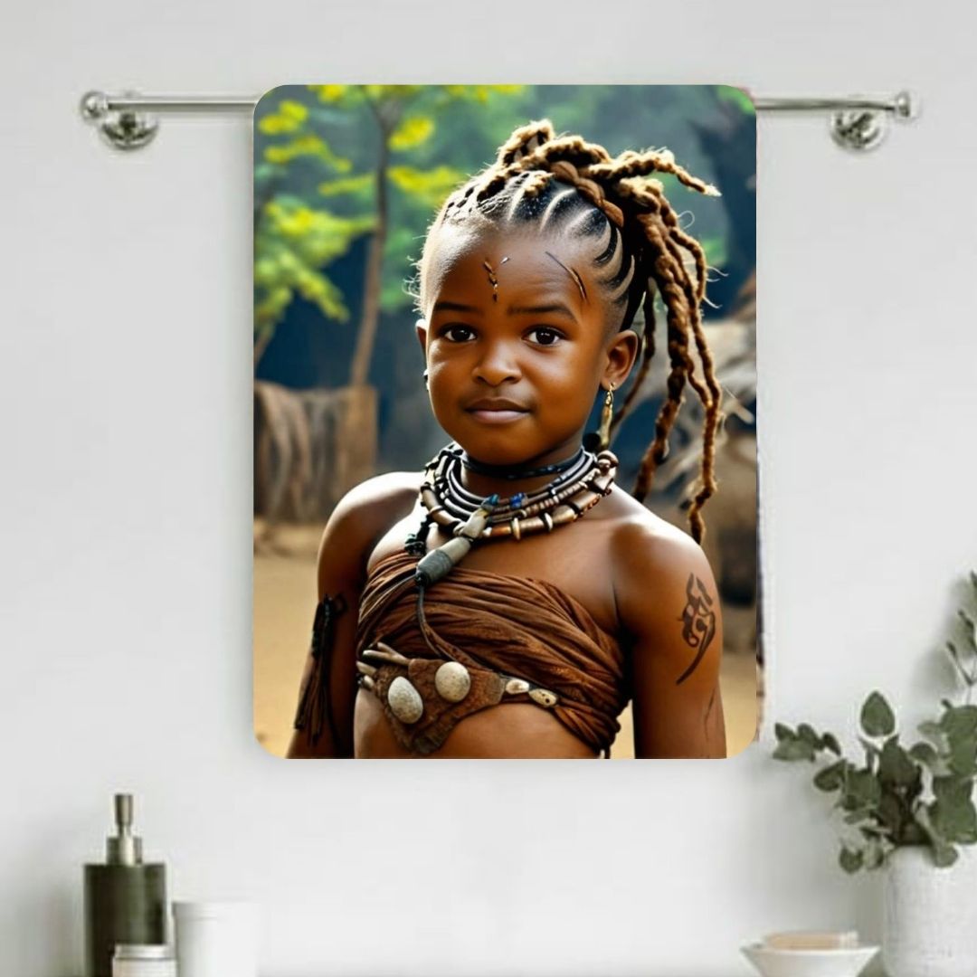 Example of how to upload a toddler girl's photo to create a personalized Wakanda princess portrait on a towel featuring her dressed as a Wakanda princess in a regal African-inspired setting.