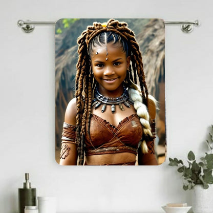 Example of how to upload a girl's photo to create a personalized Wakanda princess portrait on a towel featuring her dressed as a Wakanda princess in a regal African-inspired setting.