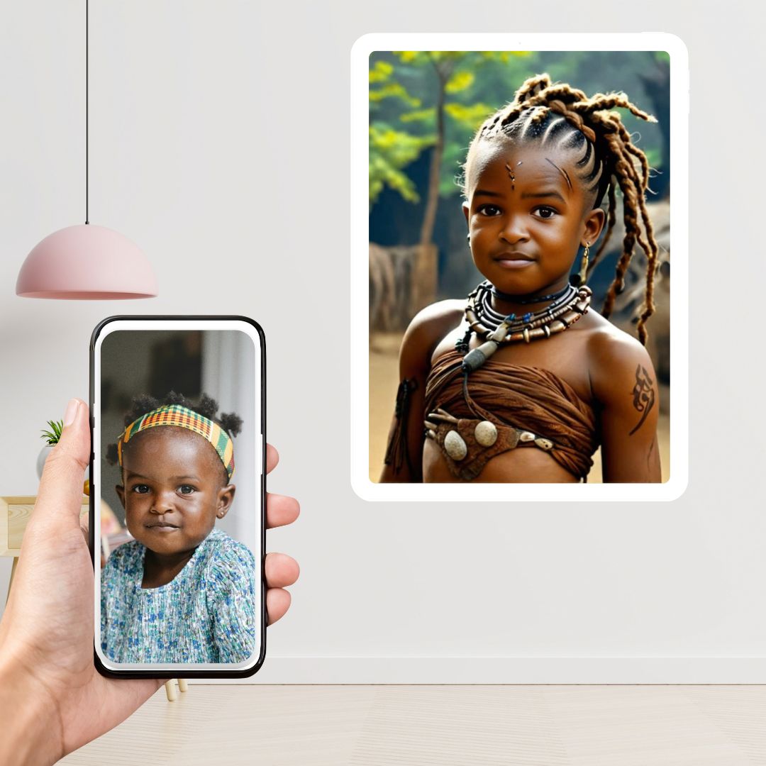 Example of how to upload a toddler girl's photo to create a personalized Wakanda princess portrait on a canvas featuring her dressed as a Wakanda princess in a vibrant, royal backdrop