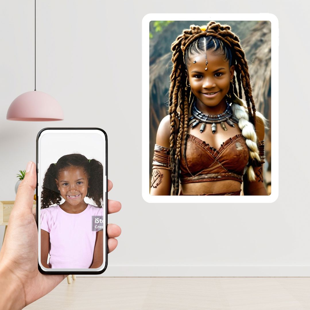 Example of how to upload a girl's photo to create a personalized Wakanda princess portrait on a canvas featuring her dressed as a Wakanda princess in a vibrant, royal backdrop