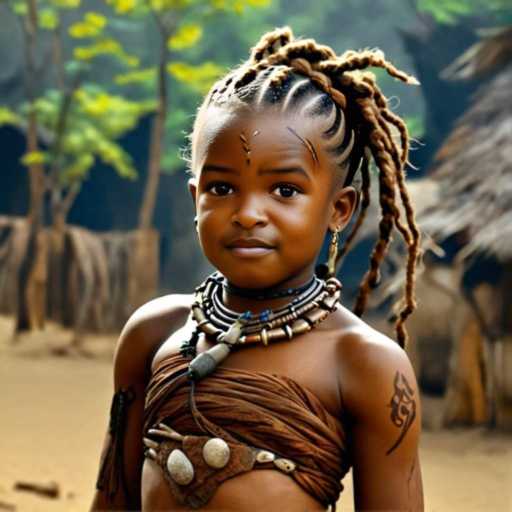 Personalized portrait of a toddler girl dressed as a Wakanda princess in a regal African-inspired setting