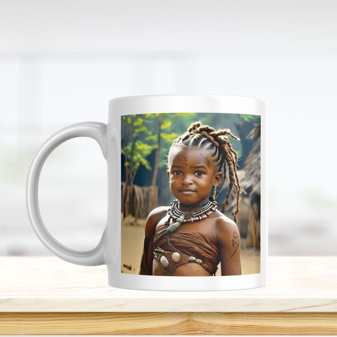 Example of how to upload a toddler girl's photo to create a personalized Wakanda princess portrait on a mug featuring her dressed as a Wakanda princess in a regal African-inspired setting.