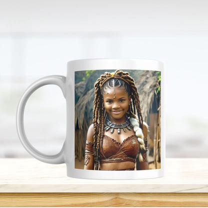 Example of how to upload a girl's photo to create a personalized Wakanda princess portrait on a mug featuring her dressed as a Wakanda princess in a regal African-inspired setting.