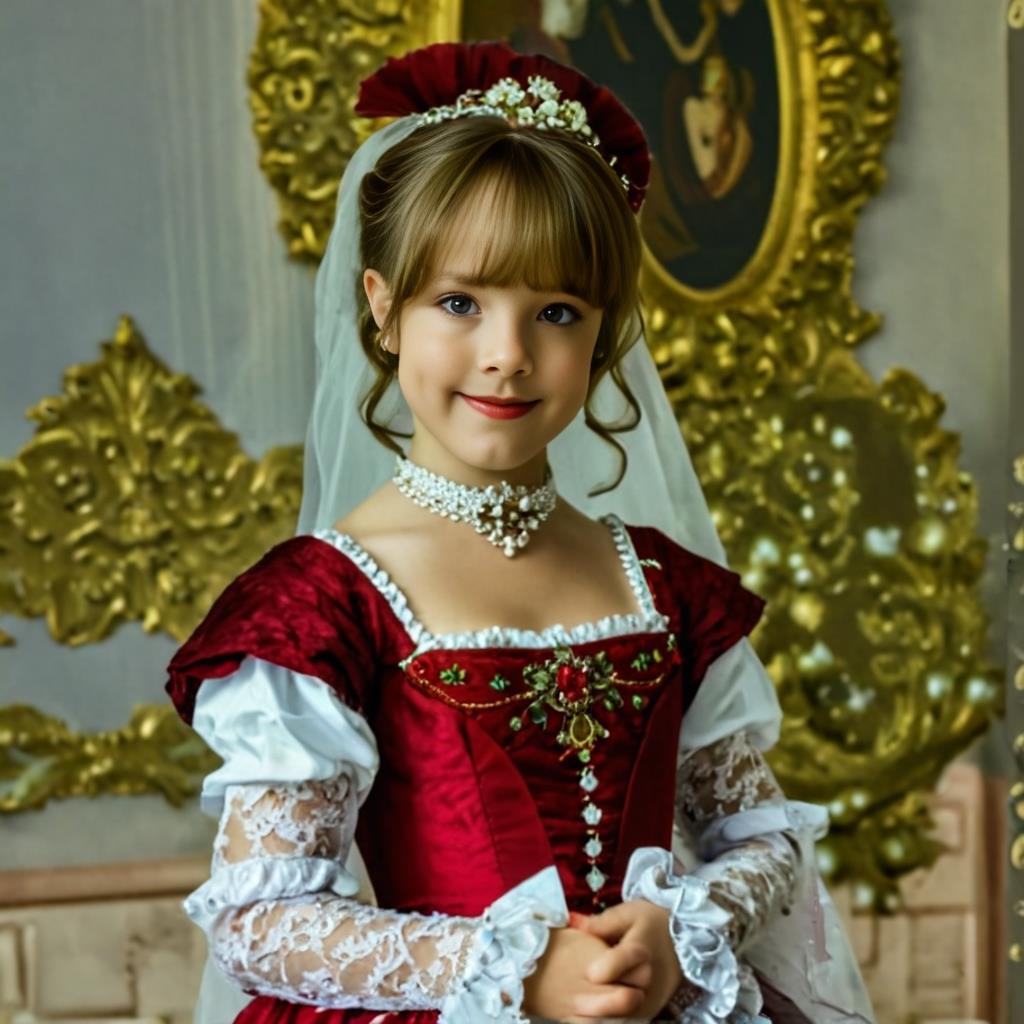 Personalized portrait of a girl dressed as a red princess in a royal castle.