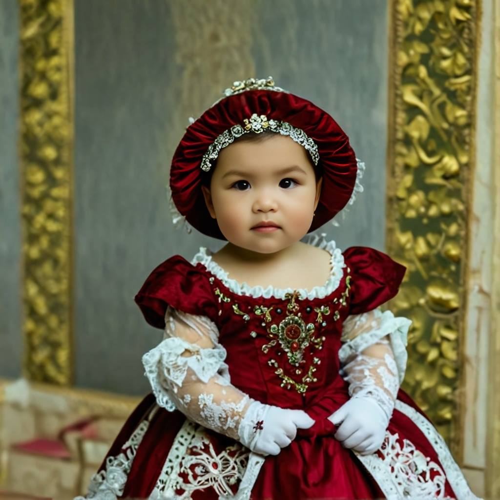 Personalized portrait of a toddler girl dressed as a red princess in a royal castle.