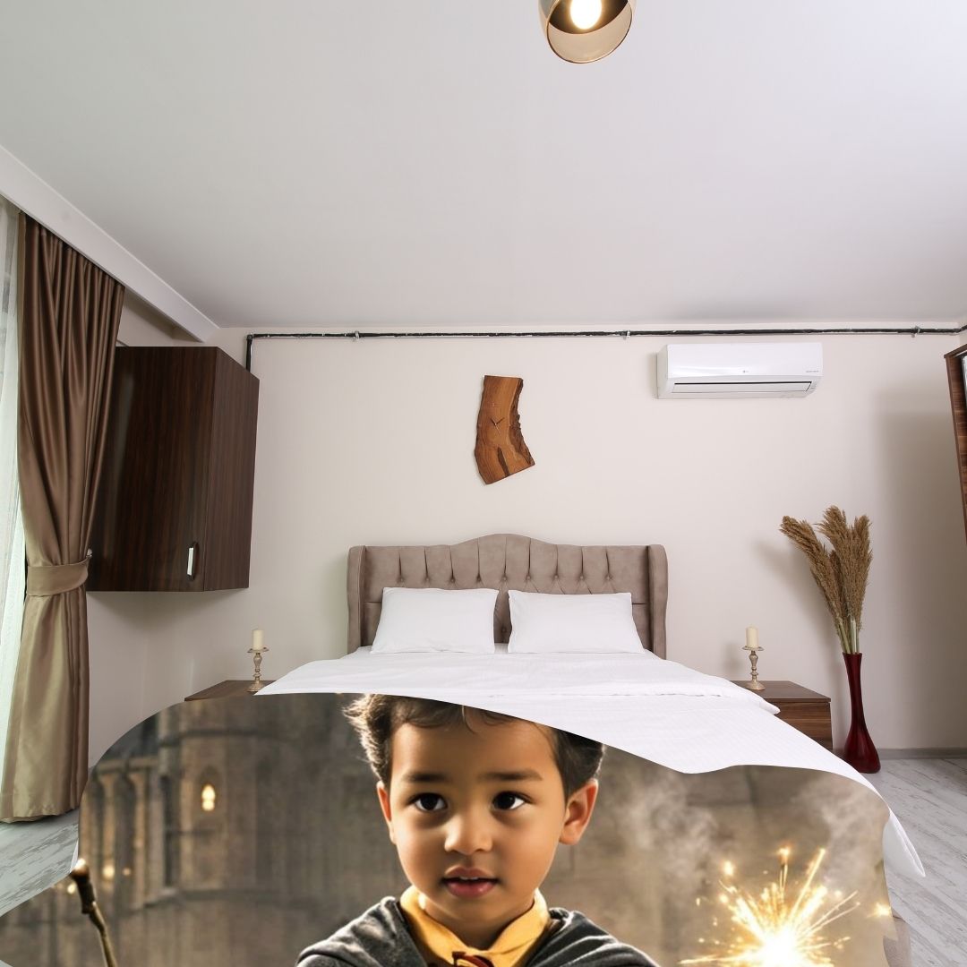 Example of how to upload a toddler boy's photo to create a personalized wizard portrait on a blanket, featuring him dressed in a wizard robe, holding his magic wand and casting spells