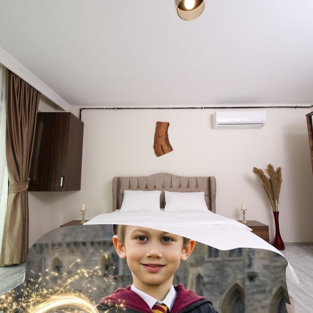 Example of how to upload a boy's photo to create a personalized wizard portrait on a blanket, featuring him dressed in a wizard robe, holding his magic wand and casting spells