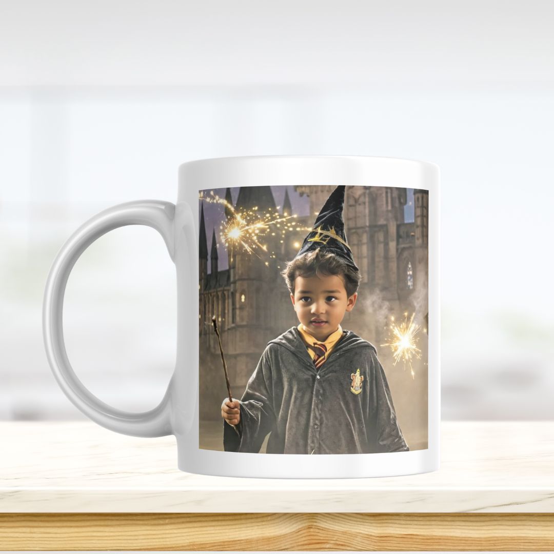 Example of how to upload a toddler boy's photo to create a personalized wizard portrait on a mug, featuring him dressed in a wizard robe and holding his magic wand, ready to cast spells