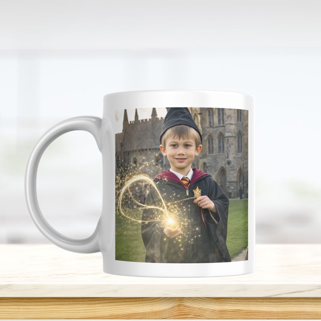 Example of how to upload a boy's photo to create a personalized wizard portrait on a mug, featuring him dressed in a wizard robe and holding his magic wand, ready to cast spells