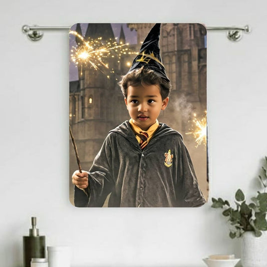 Example of how to upload a toddler boy's photo to create a personalized wizard portrait on a towel, featuring him dressed in a wizard robe and holding his magic wand, ready to cast spells