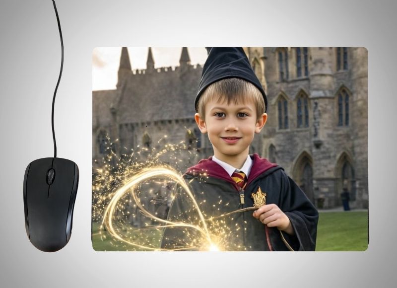 Example of how to upload a boy's photo to create a personalized Wizard Boy portrait on a mouse mat featuring him in a magical robe and wizard hat, holding a glowing wand, standing in front of a mystical castle with floating spells and magical elements in the background