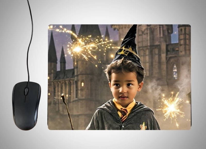 Example of how to upload a toddler boy's photo to create a personalized Wizard Boy portrait on a mouse mat featuring him in a magical robe and wizard hat, holding a glowing wand, standing in front of a mystical castle with floating spells and magical elements in the background