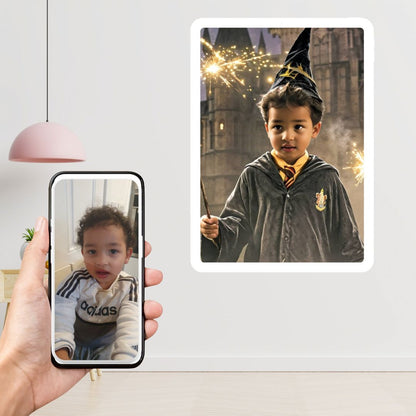 Example of how to upload a toddler boy's photo to create a personalized wizard portrait on a canvas, featuring him dressed in a wizard robe and holding his magic wand, ready to cast a spell